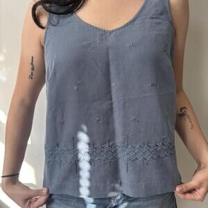 Vintage Light Blue Cottagecore Embroidered Floral Linen Tank Top - Size Medium